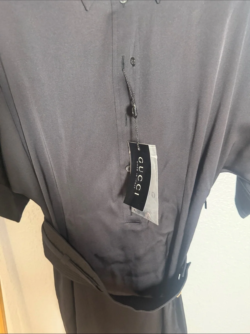 Gucci Black Short-Sleeve Button-Down Polo Shirt with Waist Tie